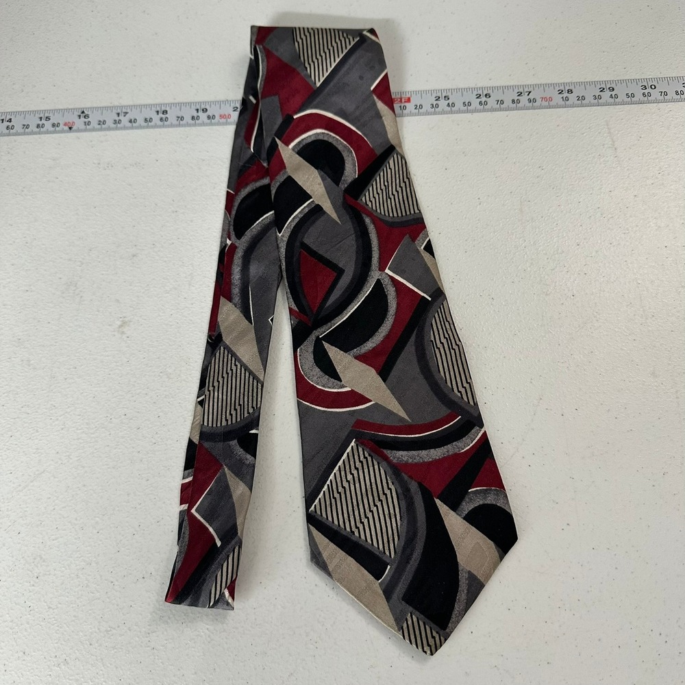 Zylos George Machado Mens Silk Tie Abstract Geometric Burgundy Grey Made in USA